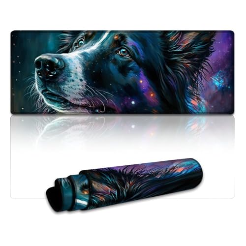 Großes Mauspad, bunte Border Collies, XL-Mauspad (30 x 80 x 0,3 cm), Tastatur-Schreibtischunterlage, genähte Kanten, glatte Oberfläche für Geschwindigkeit und Kontrolle, rutschfeste Unterseite von LYXIANY