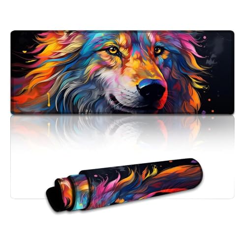 Großes Mauspad mit farbenfrohem Doodle-Wolf-Art-Motiv, genähte Kanten, Tischunterlage für Computer und Laptop, Büro, rutschfeste Unterseite (30 x 80 x 0,3 cm) von LYXIANY