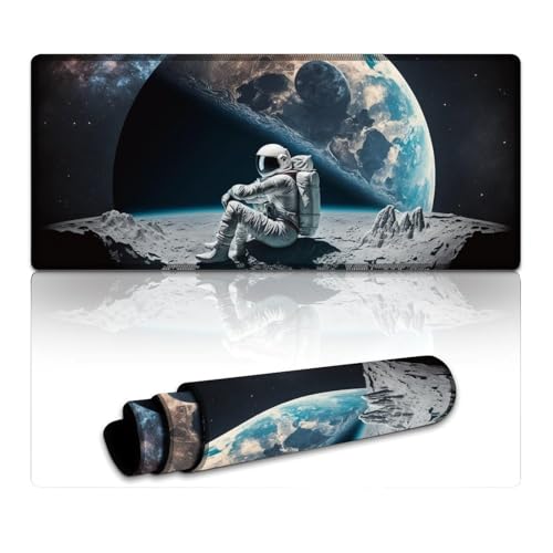 LYXIANY Computer-Mauspad, Astronaut auf dem Mond, Mauspad mit genähten Kanten, Schreibtischunterlage, weiche Kanten, rutschfeste Unterseite (40 x 90 x 0,3 cm) von LYXIANY