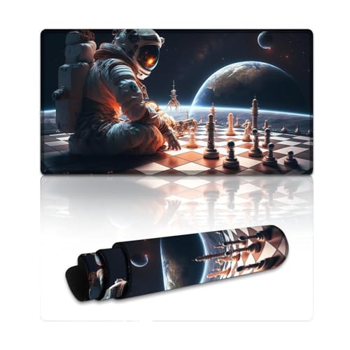 LYXIANY Computer-Mauspad, Astronauten Spielen Schach, erweitertes XXL-Mauspad, Mäusepad mit genähten Kanten für Gaming, Büro und Zuhause (40 x 75 x 0,3 cm) von LYXIANY