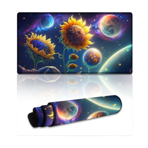 LYXIANY Computer-Mauspad, Cosmic Sunflower, genähte Kanten, Mauspad, Tastaturpad mit Rutschfester Gummiunterseite (40 x 75 x 0,3 cm) von LYXIANY