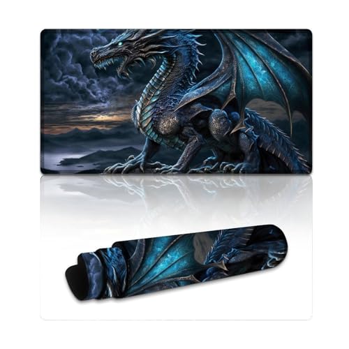 LYXIANY Computer-Mauspad, Eisfliegender Drache, Lange XXL-Mauspads (40 x 75 x 0,3 cm), Schreibtischunterlage mit Rutschfester Gummiunterseite, genähte Kanten von LYXIANY
