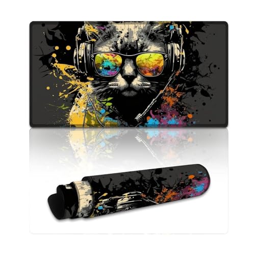 LYXIANY Computer-Mauspad, Katze mit Kopfhörern, genähte Kanten, Mauspad, Schreibtischunterlage, weiche gesäumte Kanten, rutschfeste Unterseite (40 x 75 x 0,3 cm) von LYXIANY