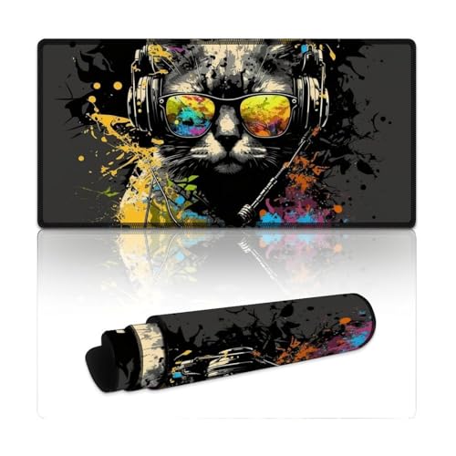 LYXIANY Computer-Mauspad, Katze mit Kopfhörern, genähte Kanten, Mauspad, Tastaturpad mit Rutschfester Gummiunterseite (30 x 60 x 0,3 cm) von LYXIANY