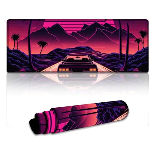 LYXIANY Computer-Mauspad, Neon-Retro-Sportwagen, Lange XL-Mauspads (30 x 80 x 0,3 cm), Schreibtischunterlage mit Rutschfester Gummiunterseite, genähte Kanten von LYXIANY