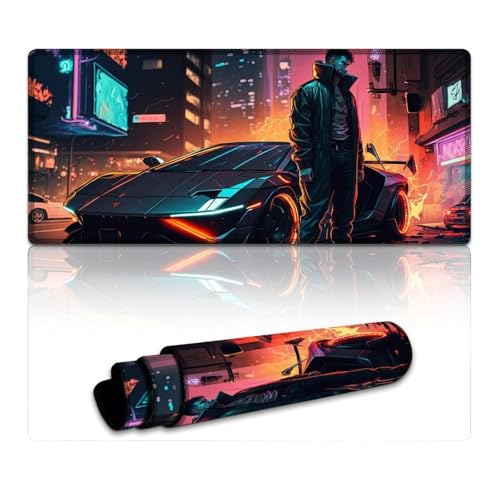 LYXIANY Computer-Mauspad, Neon-Sportwagen, lang, XXXL, Mauspads (40 x 90 x 0,3 cm), Schreibtischunterlage mit Rutschfester Gummiunterseite, genähte Kanten von LYXIANY