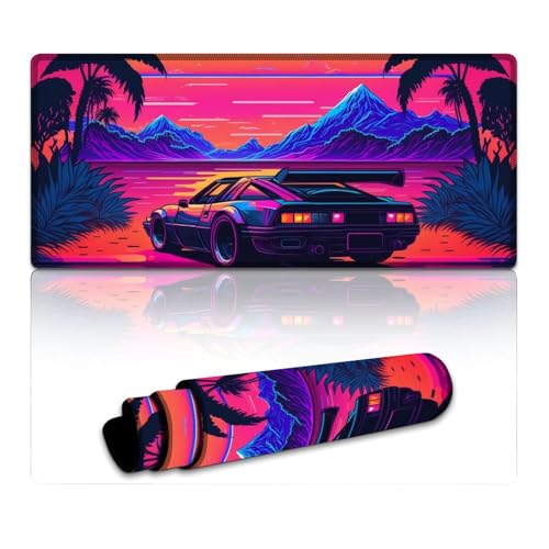 LYXIANY Computer-Mauspad, Neon-Sportwagen-Landschaft, Lange XXXL-Mauspads (40 x 90 x 0,3 cm), Tischmatte verbessert Präzision und Geschwindigkeit, Gummiunterseite für stabilen Halt von LYXIANY