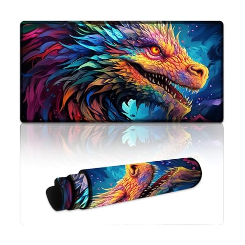 LYXIANY Computer-Mauspad, farbenfroher Psychedelischer Drache, erweitertes L-Mauspad, Mäusepad mit genähten Kanten für Gaming, Büro und Zuhause (30 x 60 x 0,3 cm) von LYXIANY