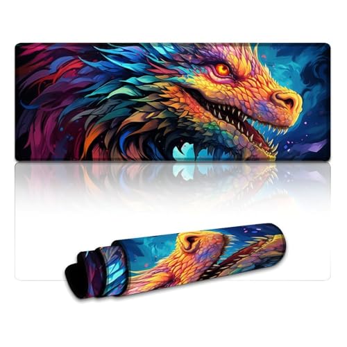 LYXIANY Computer-Mauspad, farbenfrohes psychedelisches Drachen-Mauspad mit genähten Kanten, Tastaturpad mit Rutschfester Gummiunterseite (30 x 80 x 0,3 cm) von LYXIANY