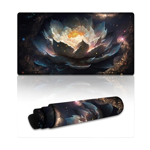 LYXIANY Computer-Mauspad „Cosmic Lotus“, genähte Kanten, Mauspad, Tastaturpad mit Rutschfester Gummiunterseite (40 x 75 x 0,3 cm) von LYXIANY