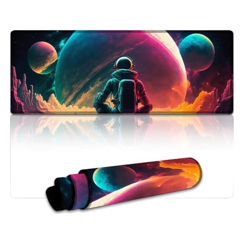 LYXIANY Computer-Mauspad Planet Astronaut, Lange XL-Mauspads (30 x 80 x 0,3 cm), Schreibtischunterlage mit Rutschfester Gummiunterseite, genähte Kanten von LYXIANY
