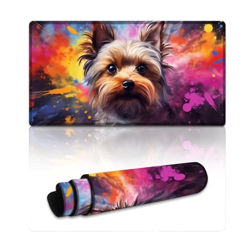 LYXIANY Computer-Mauspad Yorkshire Terrier, extragroßes Mauspad, Schreibtischunterlage, wasserdichte Stoffoberfläche und rutschfeste Gummiunterseite (40 x 75 x 0,3 cm) von LYXIANY