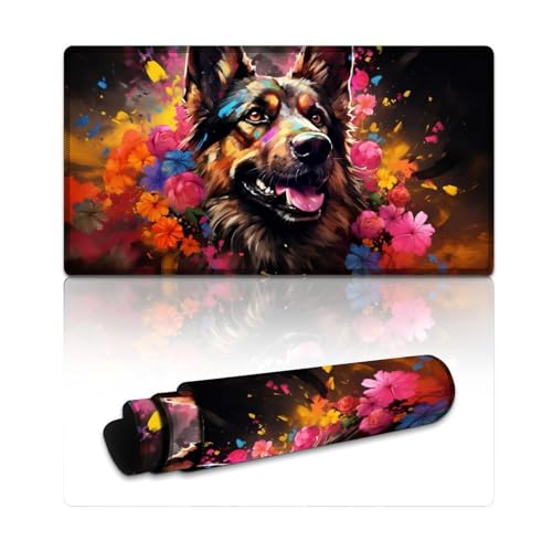 LYXIANY Computer-Mauspad mit Blumen, Deutscher Schäferhund, erweitertes Mauspad (40 x 75 x 0,3 cm), Tastaturpad für Computer, Laptop, Büro und Zuhause von LYXIANY
