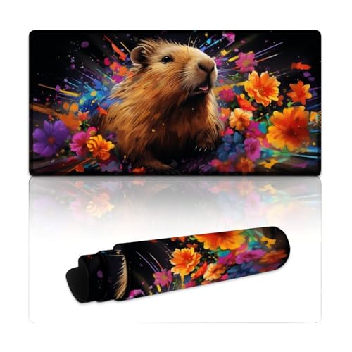 LYXIANY Computer-Mauspad mit Blumen-Capibara-Motiv, erweitertes L-Mauspad, Tischmatte, rutschfeste Gummi- und wasserdichte Oberfläche für PC, Laptop, Schreibtisch (30 x 60 x 0,3 cm) von LYXIANY