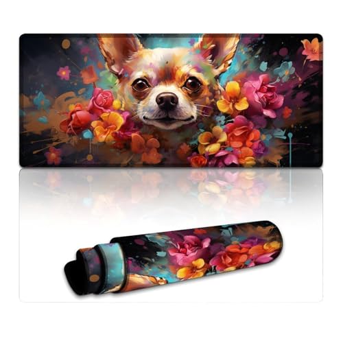 LYXIANY Gaming-Mauspad, Blumen, Chihuahua, wasserdicht, Mauspad (40 x 90 x 0,3 cm), Schreibtischunterlage für Gaming-Computer, Laptop, Zuhause, Büro und unterwegs, von LYXIANY