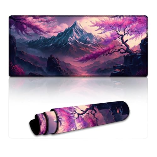 LYXIANY Gaming-Mauspad, Kirschbaumlandschaft, wasserdichtes Mauspad, Mäusepad mit Rutschfester Unterseite und genähtem Rand für Gaming-Büroarbeiten (40 x 90 x 0,3 cm) von LYXIANY