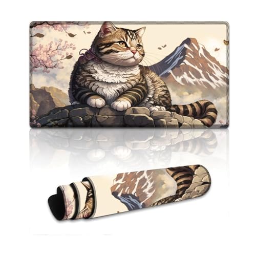 LYXIANY Gaming-Mauspad, japanische Sakura-Katze, erweitertes XXL-Mauspad, Tischunterlage für Laptop, Computer und PC, Gamer, Büro und Zuhause (40 x 75 x 0,3 cm) von LYXIANY