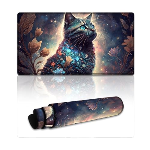 LYXIANY Gaming-Mauspad, kosmische Katze und Blume, wasserdichtes Mauspad, Tastatur-Schreibtischmatte mit genähten Kanten für Gaming, Büro und Zuhause (40 x 75 x 0,3 cm) von LYXIANY