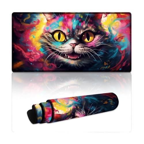 LYXIANY Gaming-Mauspad, psychedelische Katze, wasserdichtes Mauspad, Tastatur-Schreibtischmatte mit genähten Kanten für Gaming, Büro und Zuhause (30 x 60 x 0,3 cm) von LYXIANY