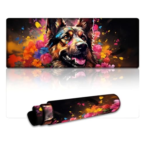 LYXIANY Gaming-Mauspad mit Blumen, Deutscher Schäferhund, Mauspad (30 x 80 x 0,3 cm), Tastatur-Schreibtischmatte, weiche, Glatte Oberfläche und rutschfeste Gummiunterseite, wasserdicht, weich von LYXIANY