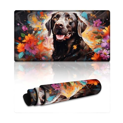 LYXIANY Großes Gaming-Mauspad mit Blumen und Labrador, XXL-Mauspad, Schreibtischunterlage mit Rutschfester Unterseite und genähtem Rand für Gaming-Büroarbeiten (40 x 75 x 0,3 cm) von LYXIANY