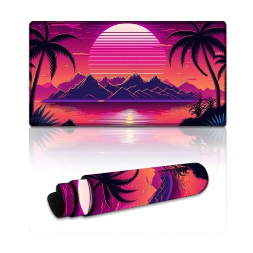 LYXIANY Großes Gaming-Mauspad mit Retrowave Mountains-Motiv, genähte Kanten, Tastaturpad für stabilen Halt auf glatten Oberflächen (40 x 75 x 0,3 cm) von LYXIANY