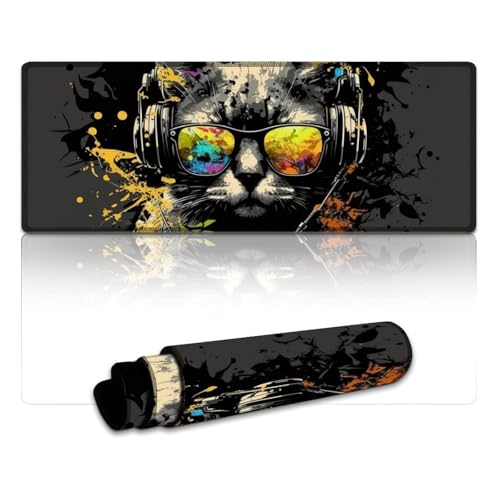 LYXIANY Großes Mauspad, Katze mit Kopfhörern, erweitertes XL-Mauspad, Tischunterlage für PC und Laptop – langlebig und waschbar (30 x 80 x 0,3 cm) von LYXIANY