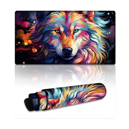 LYXIANY Großes Mauspad, schönes, farbenfrohes Wolf-Mauspad mit genähten Kanten, Tischpad mit verbesserter Präzision und Geschwindigkeit (40 x 75 x 0,3 cm) von LYXIANY