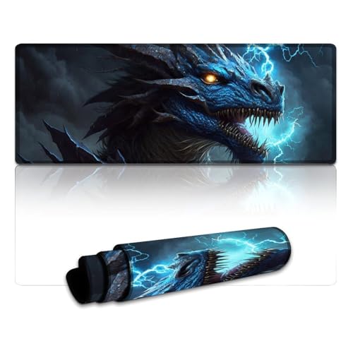LYXIANY Großes Mauspad EIN Blauer Blitzdrache XL-Mauspad (30 x 80 x 0,3 cm) Tastatur-Schreibtischmatte Genähte Kanten, Glatte Oberfläche für Geschwindigkeit und Kontrolle, rutschfeste Unterseite von LYXIANY