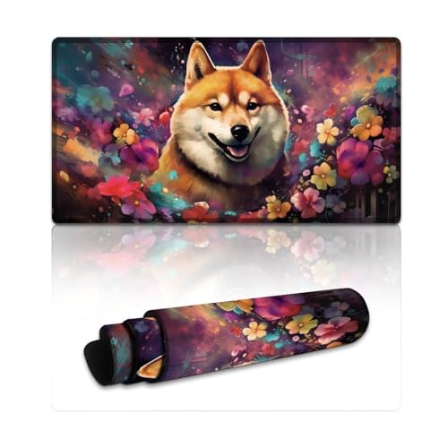 LYXIANY Großes Mauspad mit Blumen, Shiba Inu, extra großes Mauspad, Tastatur-Schreibtischmatte für Büro, Gaming, Laptop, Damen und Kinder (40 x 75 x 0,3 cm) von LYXIANY