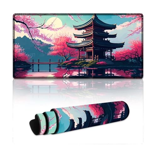 LYXIANY Großes Mauspad mit Kirschblütenbaum-Tempel, extra großes Mauspad, Tastatur-Schreibtischmatte für Büro, Gaming, Laptop, Damen und Kinder (30 x 60 x 0,3 cm) von LYXIANY