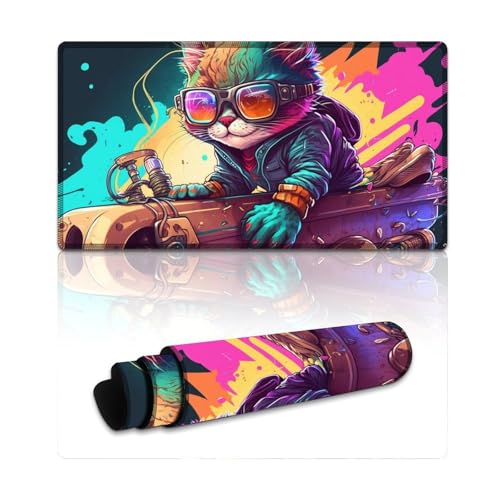 LYXIANY Großes Mauspad mit Skateboard-Katze, extra großes Mauspad, Tastatur-Schreibtischmatte für Büro, Gaming, Laptop, Damen und Kinder (40 x 75 x 0,3 cm) von LYXIANY