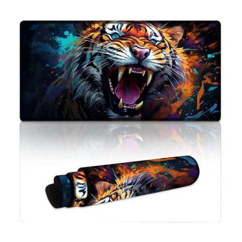LYXIANY Großes Mauspad mit Tier-Tiger-Motiv, genähte Kanten, Tischunterlage für Computer und Laptop, Büro, rutschfeste Unterseite (30 x 60 x 0,3 cm) von LYXIANY