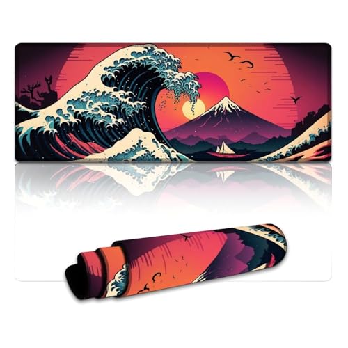 LYXIANY Großes Mauspad mit japanischer Meereswelle, waschbare Mausmatte, wasserdichte Stoffoberfläche und rutschfeste Gummiunterseite (30 x 80 x 0,3 cm) von LYXIANY