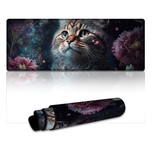 LYXIANY Großes Mauspad mit kosmischen Katzen- und Blumenmotiven und genähten Kanten, Tischpad mit verbesserter Präzision und Geschwindigkeit (30 x 80 x 0,3 cm) von LYXIANY