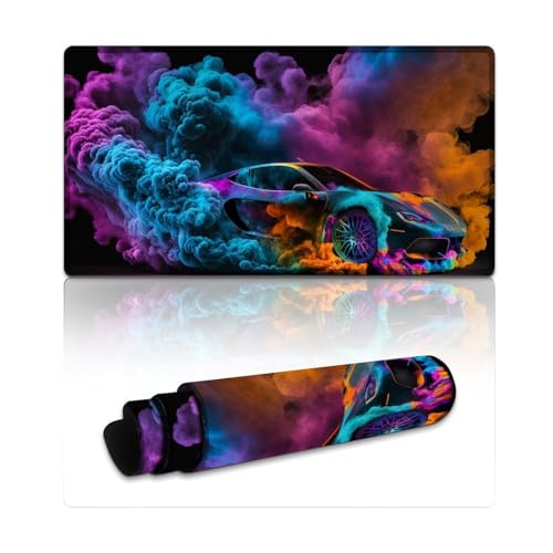LYXIANY Großes Mauspad mit rauchfarbenem Sportwagen und genähten Kanten, Tischunterlage für Computer und Laptop, Büro, rutschfeste Unterseite (40 x 75 x 0,3 cm) von LYXIANY