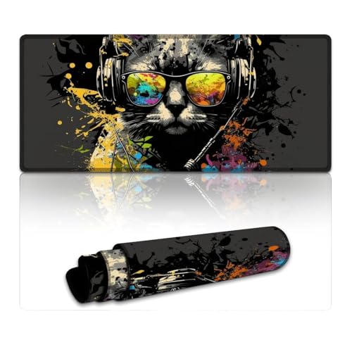 LYXIANY Mauspad mit Katze und Kopfhörern, genähte Kanten, Mauspad, Tastatur-Schreibtischmatte mit Rutschfester Unterseite und genähter Kante für Büro/Gaming (40 x 90 x 0,3 cm) von LYXIANY