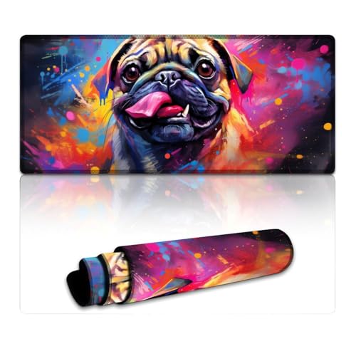 LYXIANY Mauspad mit Mops-Motiv, genähte Kanten, Mauspad (40 x 90 x 0,3 cm), Tischmatte, wasserdichte Stoffoberfläche und rutschfeste Gummiunterseite für PC und Laptop von LYXIANY