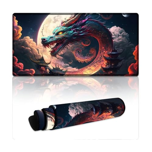 LYXIANY Mauspad mit chinesischem Drachen und genähten Kanten, Mauspad, Tastatur-Schreibtischmatte mit Rutschfester Unterseite und genähten Kanten für Büro/Gaming (30 x 60 x 0,3 cm) von LYXIANY