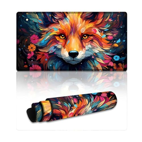 Mauspad, farbenfrohes Fantasy-Fuchs-Art-Mauspad mit genähten Kanten, Tastatur-Schreibtischmatte mit Rutschfester Unterseite und genähten Kanten für Büro/Gaming (40 x 75 x 0,3 cm) von LYXIANY