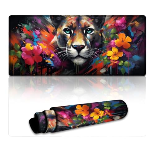 Mauspad Flowers Cougar, extragroßes Mauspad (40 x 90 x 0,3 cm), Tischmatte für hervorragende Geschwindigkeit und Kontrolle, rutschfeste Gummiunterseite von LYXIANY
