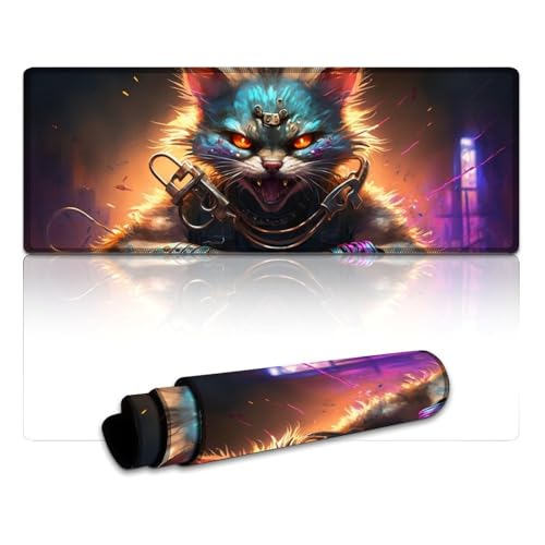 Mauspad mit Fantasy-Katzen-Motiv, genähte Kanten, Mauspad (30 x 80 x 0,3 cm), Tischmatte, wasserdichte Stoffoberfläche und rutschfeste Gummiunterseite für PC und Laptop von LYXIANY