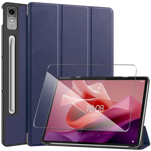 LYZXMY Hülle + Schutzfolie für Lenovo Tab P12 12.7" - HD Gehärteter Film Displayschutz, PU Leder Tasche Case Flip Schutzhülle Taschen - Darkblue von LYZXMY