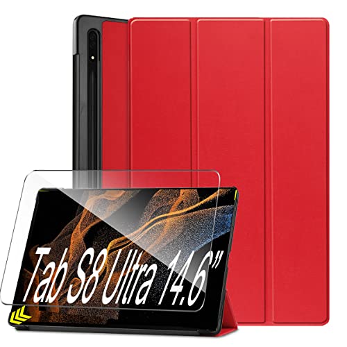 LYZXMY Hülle + Schutzfolie für Samsung Galaxy Tab S8 Ultra 14.6" - HD Panzerglas, PU Leder Tasche Case Flip Schutzhülle Taschen - Red von LYZXMY