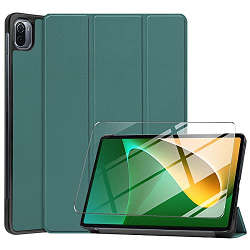 LYZXMY Hülle + Schutzfolie für Xiaomi Pad 5 / Xiaomi Pad 5 PRO/Xiaomi Pad 5 PRO 5G 11" Tablet 2021 - HD Gehärteter Film, PU Leder Tasche Case Flip Schutzhülle Taschen - DarkGreen von LYZXMY