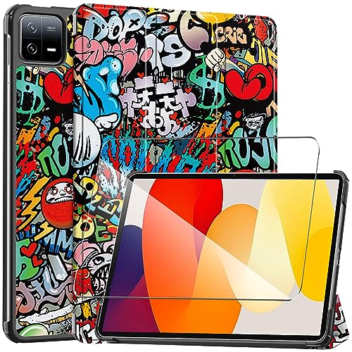 LYZXMY Hülle + Schutzfolie für Xiaomi Pad 6 / Xiaomi Pad 6 Pro 11" - HD Gehärteter Film Displayschutz, PU Leder Tasche Case Flip Schutzhülle Taschen - Graffiti von LYZXMY