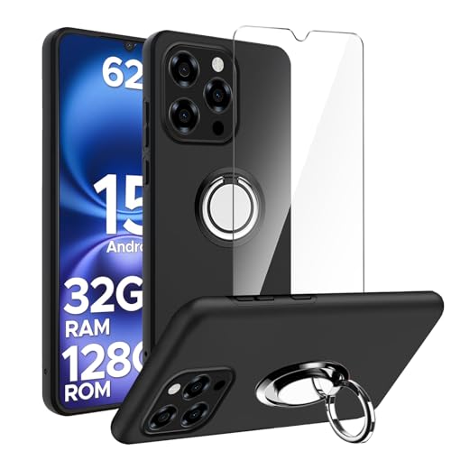 LYZXMY Hülle für DOOGEE Note 58(6.75") Schwarz Hülle + Drehringhalter + Gehärtetes Glas Displayschutz von LYZXMY