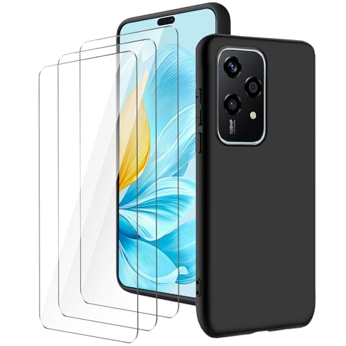 LYZXMY Hülle für Honor 200 Lite 5G(6.7") Schwarz Handyhülle + 3 Stück Gehärtetes Glas Schutzfolie, Case Weich Silikon TPU Schutzhülle Cover 9H Härte HD Gehärtetes Glasfolie Glas von LYZXMY
