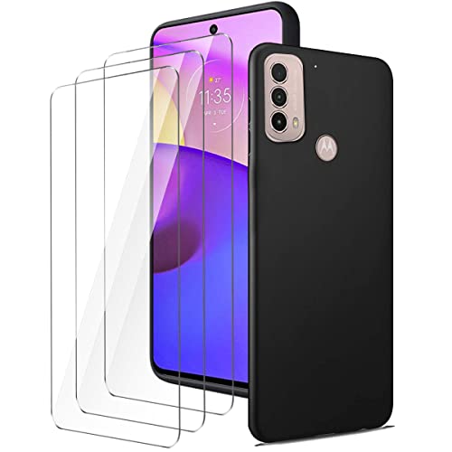 LYZXMY Hülle für Motorola Moto E40 (6.5") Schwarz Handyhülle + 3 Stück Gehärtetes Glas Schutzfolie, Case Weich Silikon TPU Schutzhülle Cover 9H Härte HD Gehärtetes Glasfolie von LYZXMY