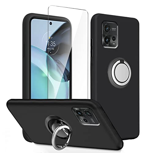 LYZXMY Hülle für Motorola Moto G72 4G (6.55") Schwarz + Drehbarer Ständer + Gehärteter Film Displayschutzfolie - Schutzhülle Weich Silikon Flexibel TPU Tasche Case von LYZXMY